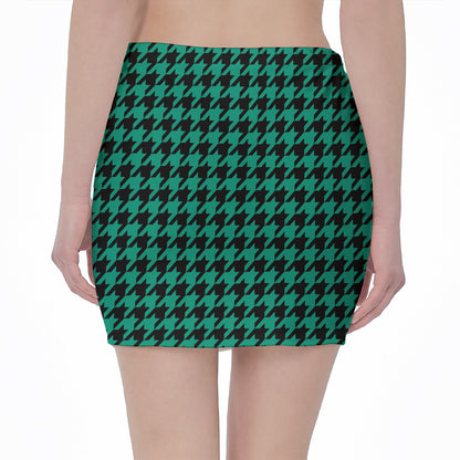 Jungle Green And Black Houndstooth Print Pencil Mini Skirt