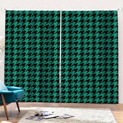 Jungle Green And Black Houndstooth Print Pencil Pleat Curtains