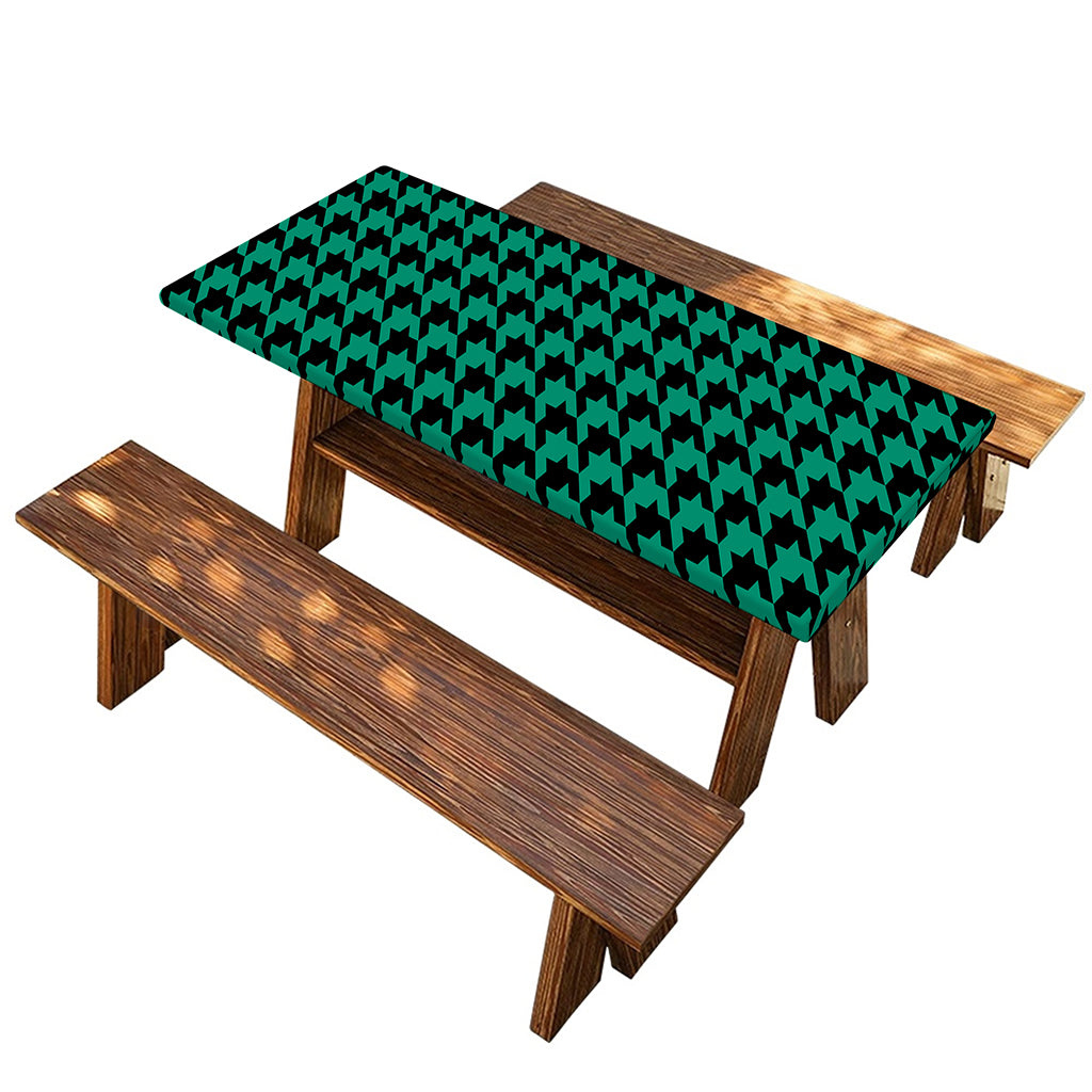 Jungle Green And Black Houndstooth Print Picnic Table Cover