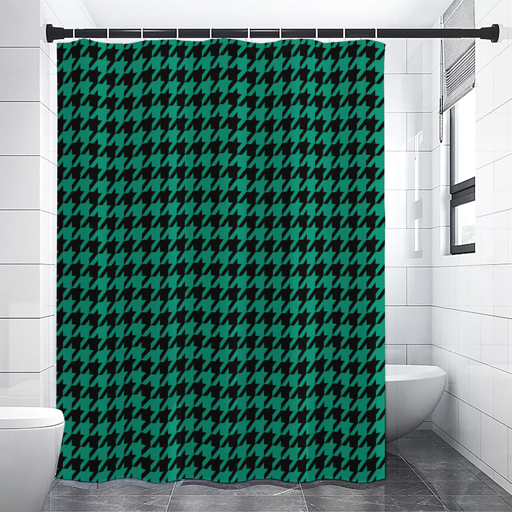 Jungle Green And Black Houndstooth Print Premium Shower Curtain