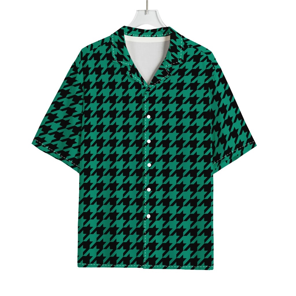 Jungle Green And Black Houndstooth Print Rayon Hawaiian Shirt