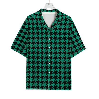 Jungle Green And Black Houndstooth Print Rayon Hawaiian Shirt