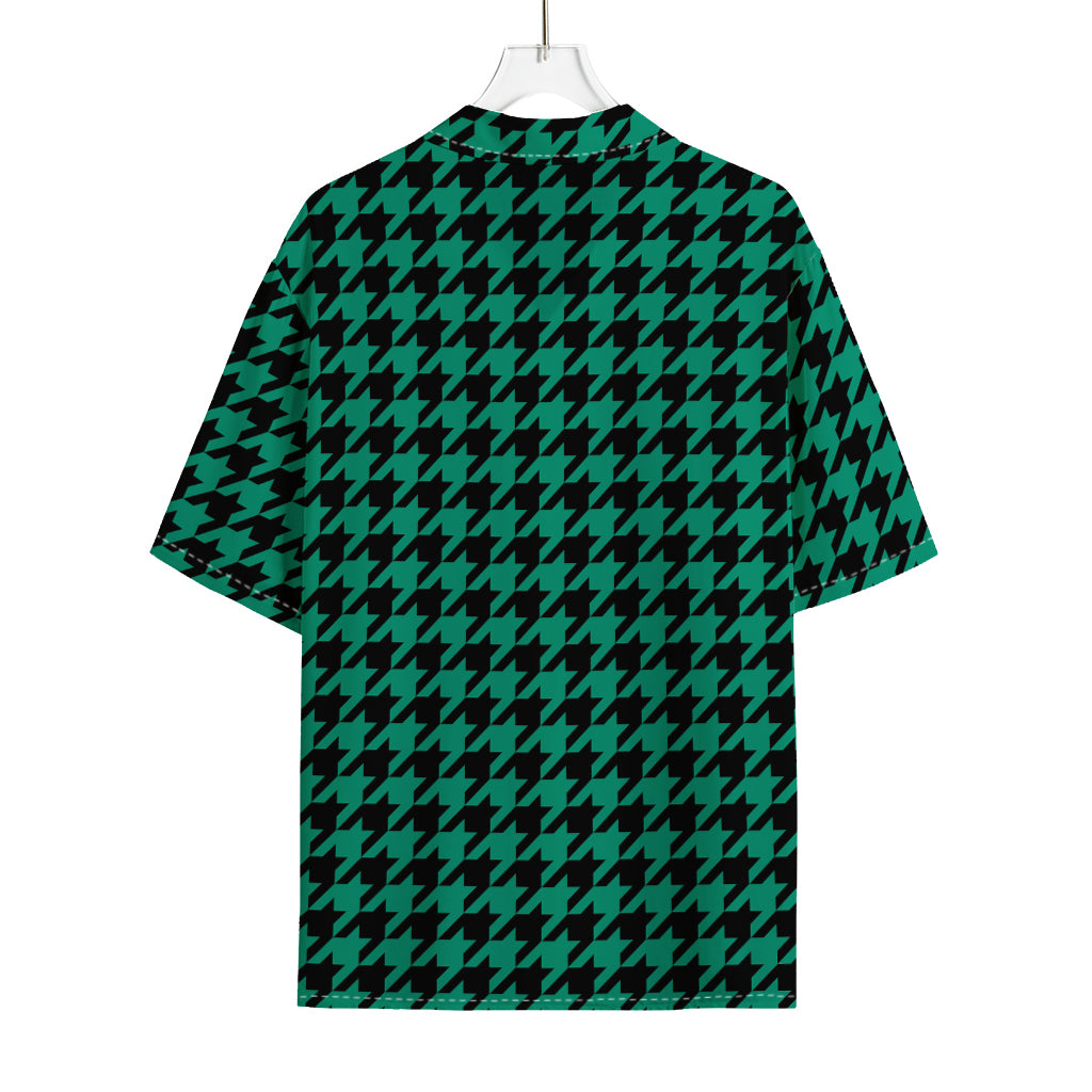 Jungle Green And Black Houndstooth Print Rayon Hawaiian Shirt