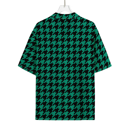 Jungle Green And Black Houndstooth Print Rayon Hawaiian Shirt