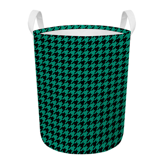 Jungle Green And Black Houndstooth Print Round Laundry Basket