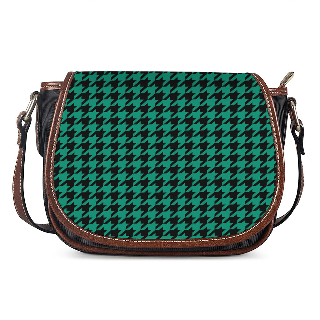 Jungle Green And Black Houndstooth Print Saddle Bag