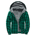 Jungle Green And Black Houndstooth Print Sherpa Lined Zip Up Hoodie