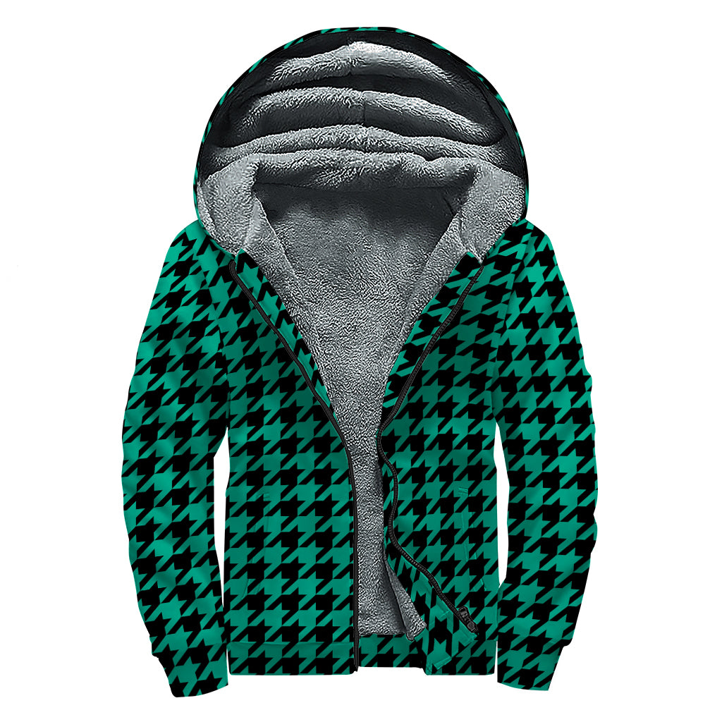 Jungle Green And Black Houndstooth Print Sherpa Lined Zip Up Hoodie