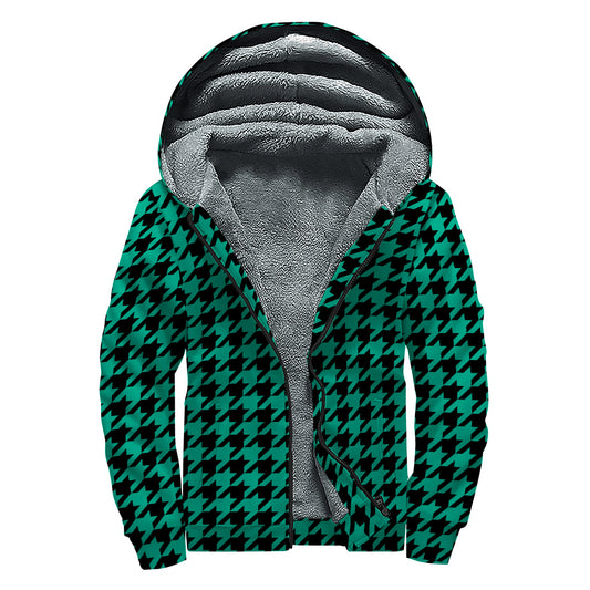 Jungle Green And Black Houndstooth Print Sherpa Lined Zip Up Hoodie