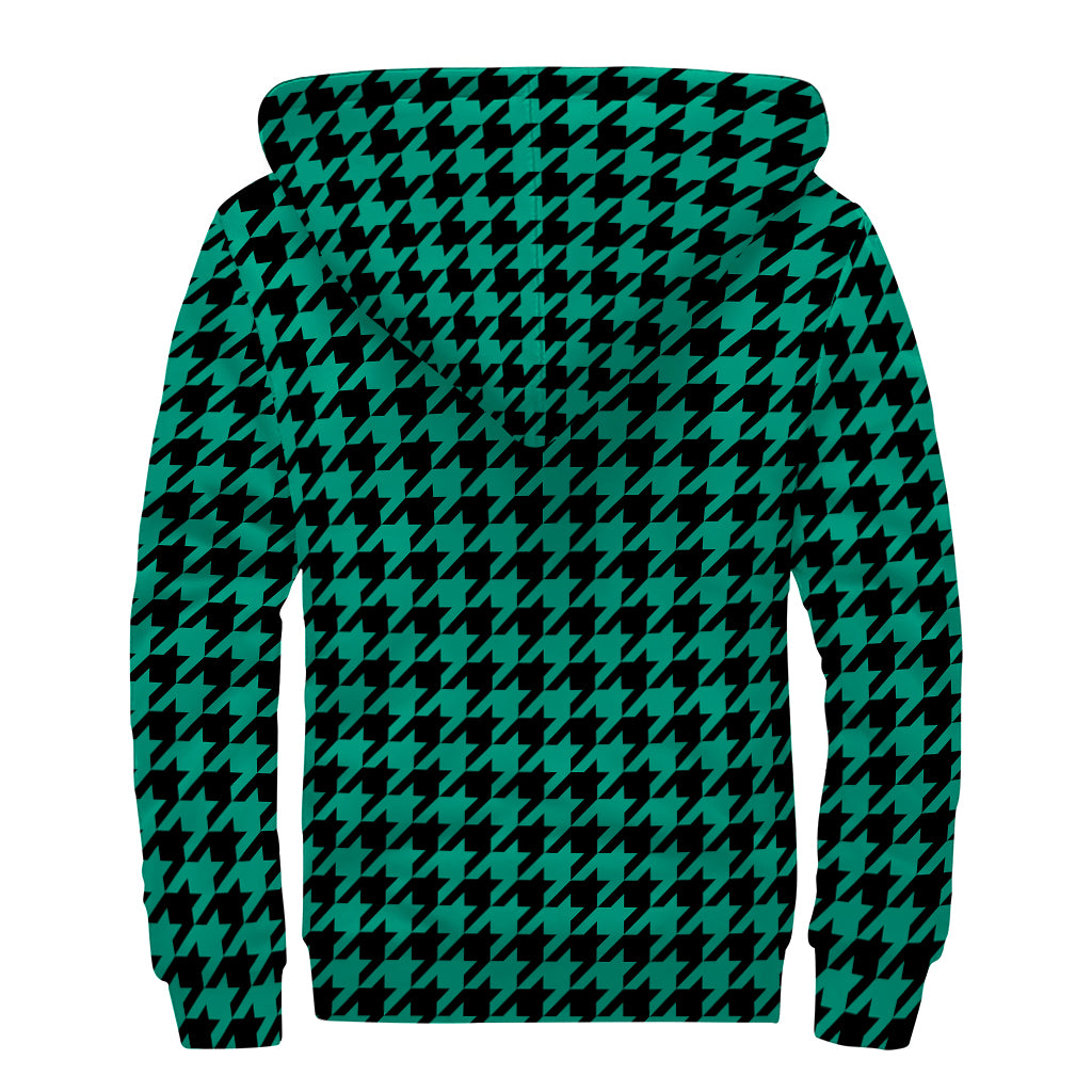 Jungle Green And Black Houndstooth Print Sherpa Lined Zip Up Hoodie