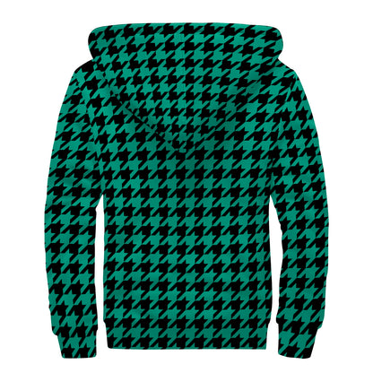 Jungle Green And Black Houndstooth Print Sherpa Lined Zip Up Hoodie