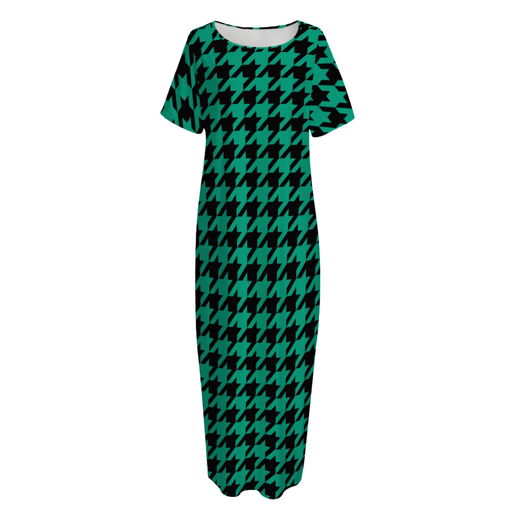 Jungle Green And Black Houndstooth Print Short Sleeve Long Nightdress