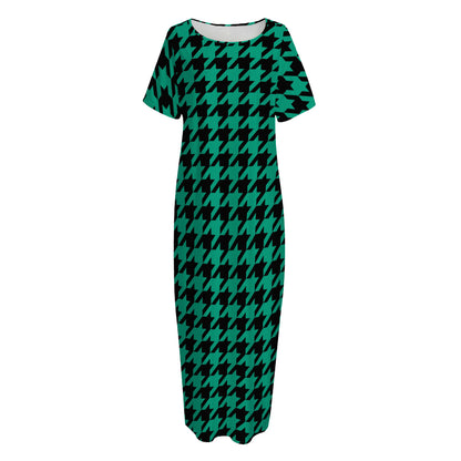 Jungle Green And Black Houndstooth Print Short Sleeve Long Nightdress