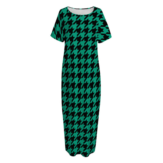 Jungle Green And Black Houndstooth Print Short Sleeve Long Nightdress