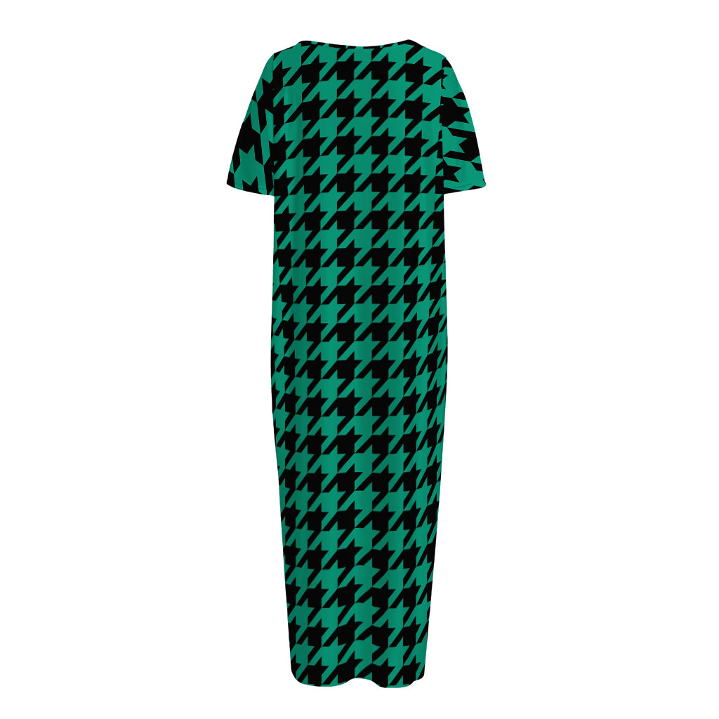 Jungle Green And Black Houndstooth Print Short Sleeve Long Nightdress