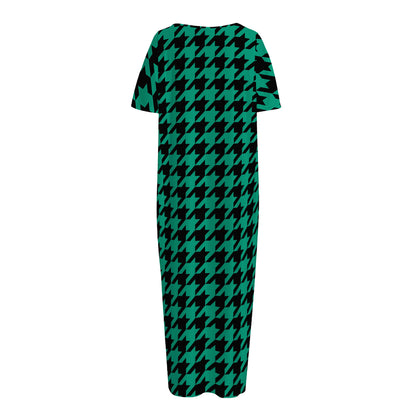 Jungle Green And Black Houndstooth Print Short Sleeve Long Nightdress