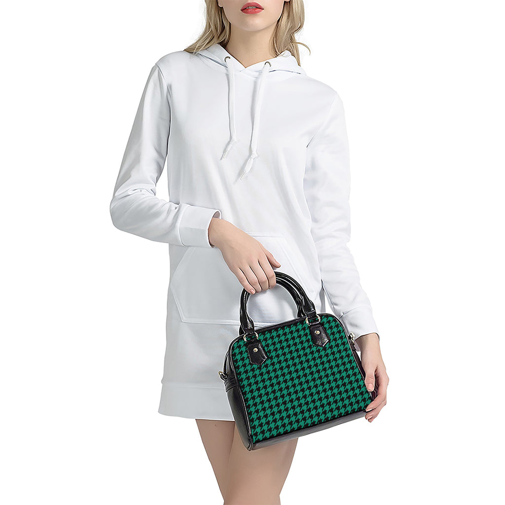 Jungle Green And Black Houndstooth Print Shoulder Handbag