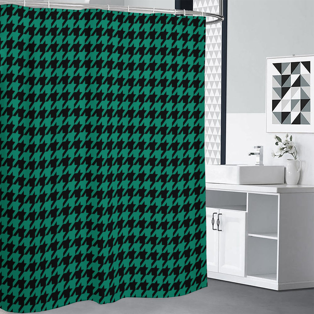 Jungle Green And Black Houndstooth Print Shower Curtain