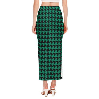 Jungle Green And Black Houndstooth Print Side Slit Maxi Skirt