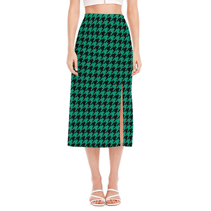 Jungle Green And Black Houndstooth Print Side Slit Midi Skirt