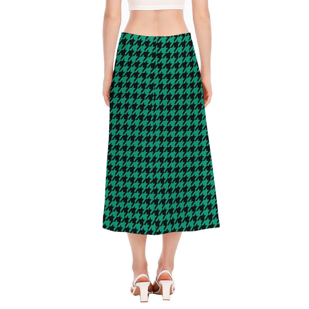 Jungle Green And Black Houndstooth Print Side Slit Midi Skirt
