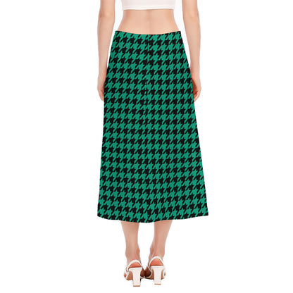 Jungle Green And Black Houndstooth Print Side Slit Midi Skirt