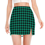 Jungle Green And Black Houndstooth Print Side Slit Mini Skirt