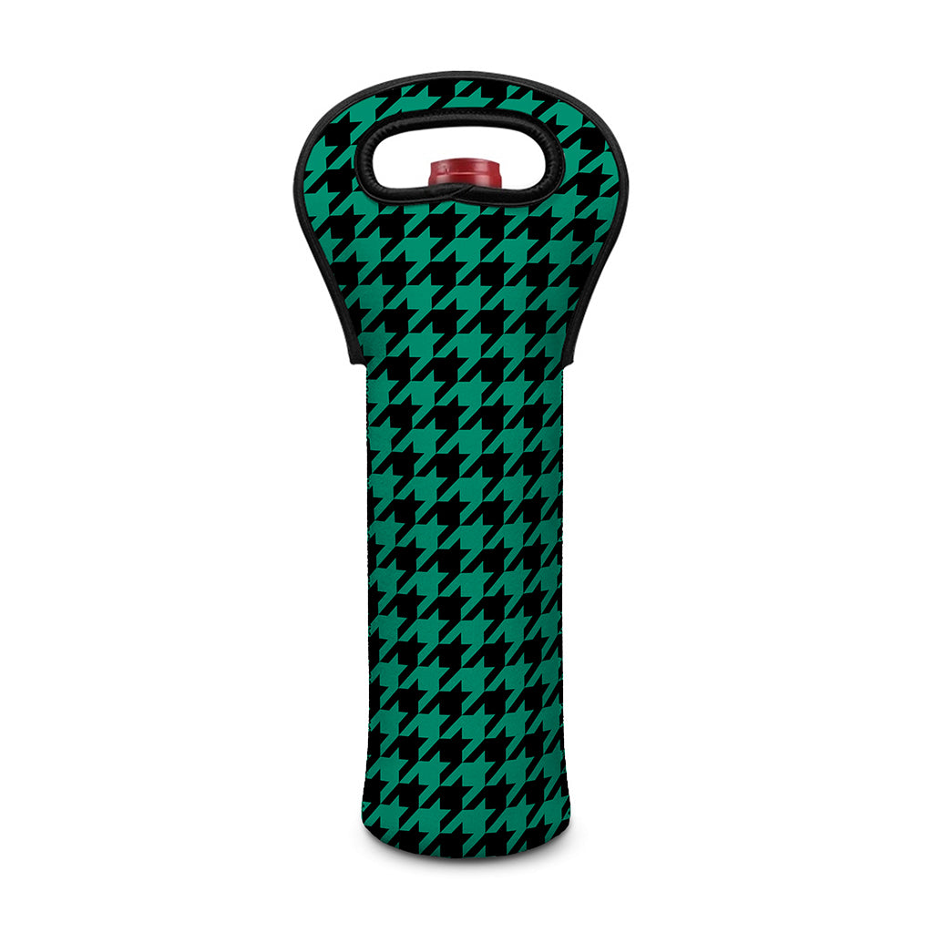 Jungle Green And Black Houndstooth Print Single Neoprene Wine Tote