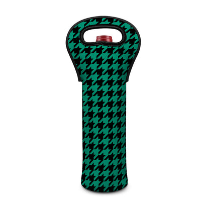 Jungle Green And Black Houndstooth Print Single Neoprene Wine Tote