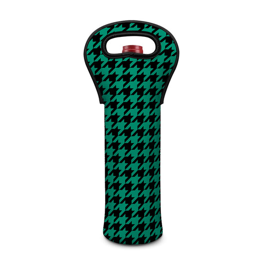 Jungle Green And Black Houndstooth Print Single Neoprene Wine Tote