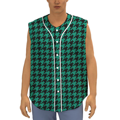 Jungle Green And Black Houndstooth Print Sleeveless Baseball Jersey