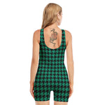 Jungle Green And Black Houndstooth Print Sleeveless One Piece Swimsuit