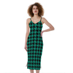 Jungle Green And Black Houndstooth Print Slim Fit Midi Cami Dress