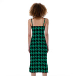 Jungle Green And Black Houndstooth Print Slim Fit Midi Cami Dress