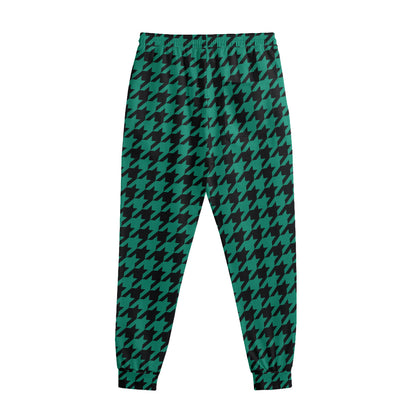 Jungle Green And Black Houndstooth Print Sweatpants