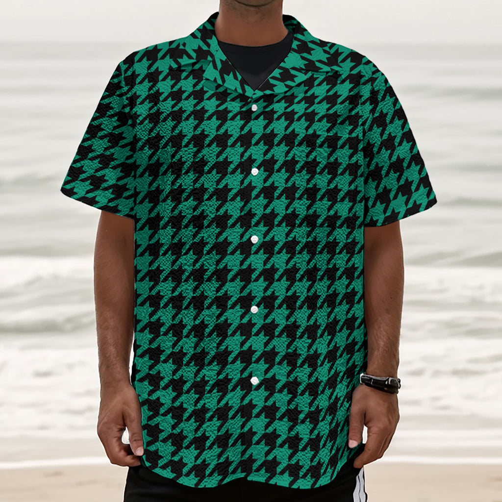 Jungle Green And Black Houndstooth Print Textured Short Sleeve Shirt