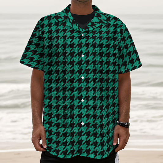 Jungle Green And Black Houndstooth Print Textured Short Sleeve Shirt