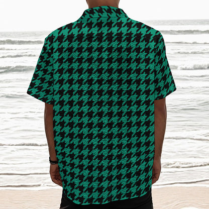 Jungle Green And Black Houndstooth Print Textured Short Sleeve Shirt