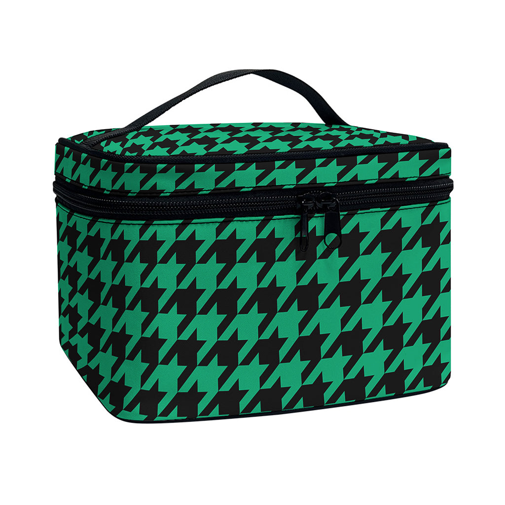 Jungle Green And Black Houndstooth Print Travel Makeup Bag