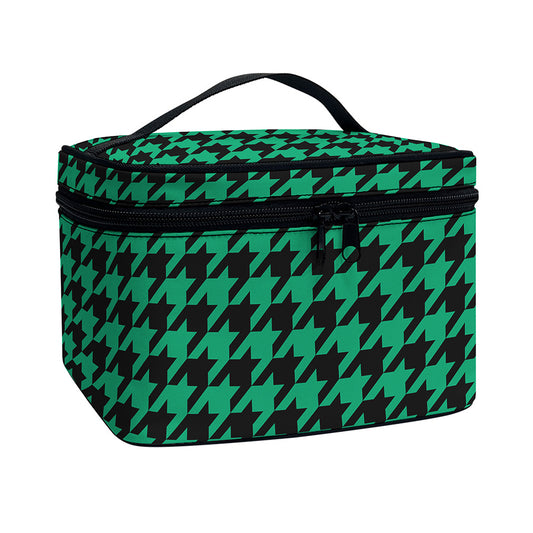 Jungle Green And Black Houndstooth Print Travel Makeup Bag