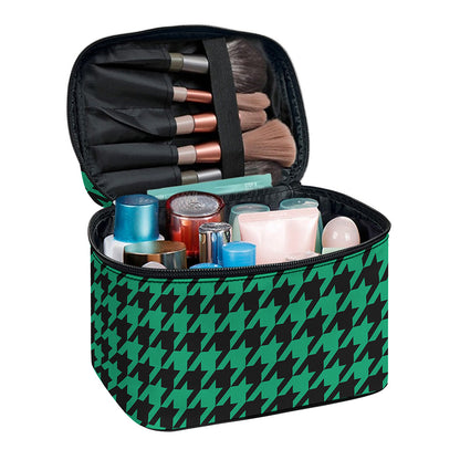 Jungle Green And Black Houndstooth Print Travel Makeup Bag