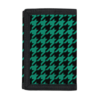 Jungle Green And Black Houndstooth Print Trifold Wallet