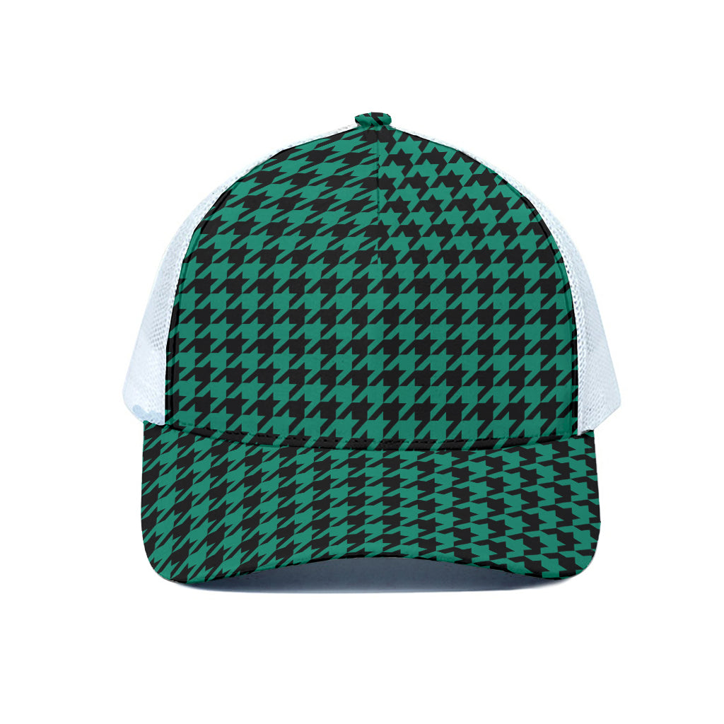 Jungle Green And Black Houndstooth Print White Mesh Trucker Cap