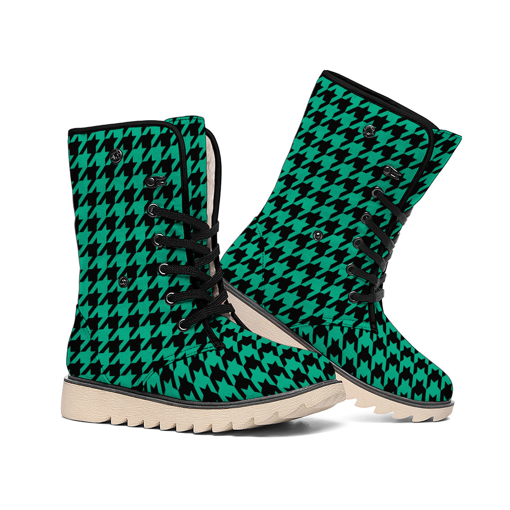Jungle Green And Black Houndstooth Print Winter Boots