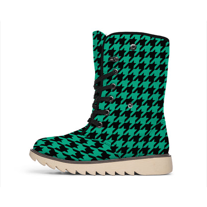 Jungle Green And Black Houndstooth Print Winter Boots