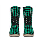 Jungle Green And Black Houndstooth Print Winter Boots