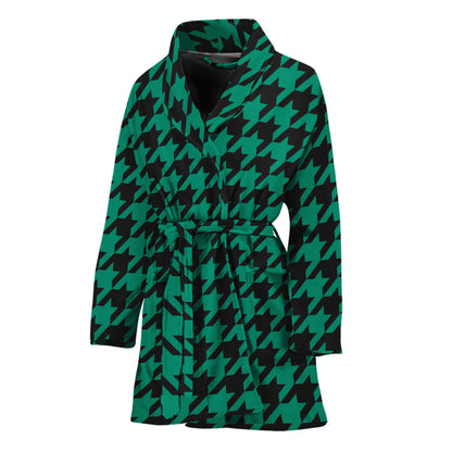 Jungle Green And Black Houndstooth Print Women's Bathrobe