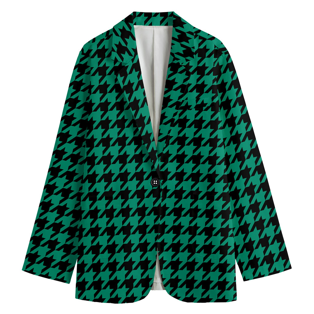Jungle Green And Black Houndstooth Print Women's Cotton Blazer