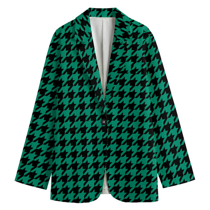 Jungle Green And Black Houndstooth Print Women's Cotton Blazer