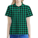 Jungle Green And Black Houndstooth Print Women's Polo Shirt